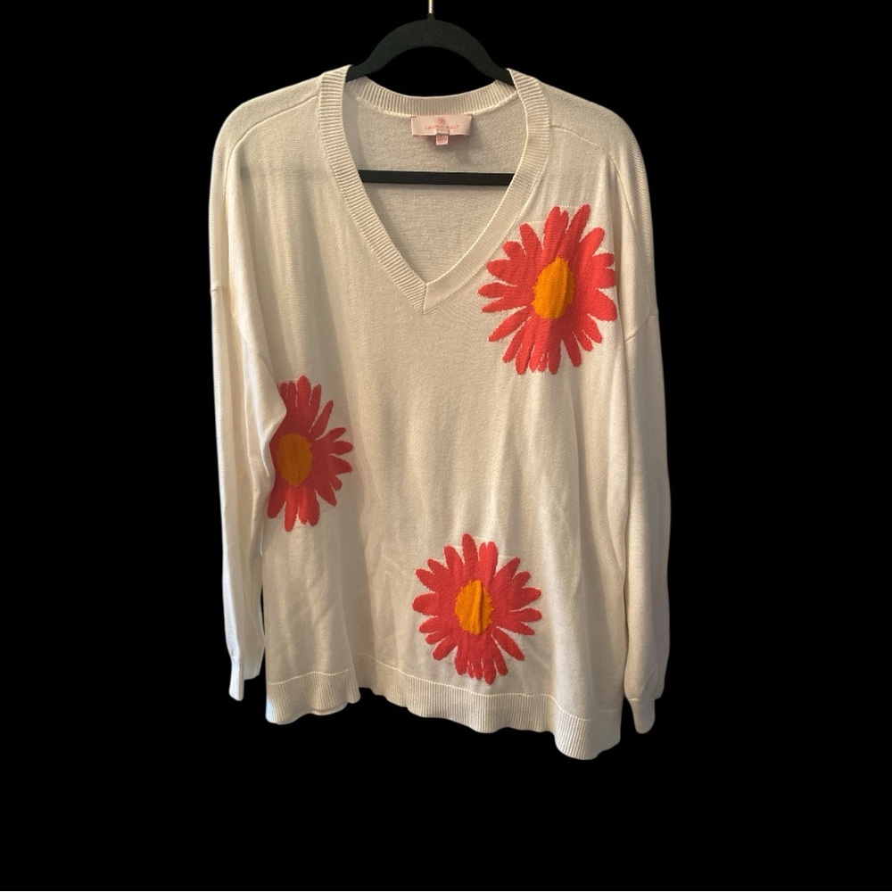 Laurie Felt Los Angeles Cream Sweater with Pink & Orange Flowers Size XL